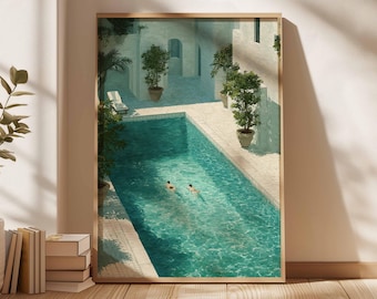 Swimming Pool Art Print, Retro Coastal Wall Decor