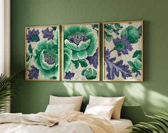 日本の植物ウォールアート3点セット、ティールとインディゴの花柄