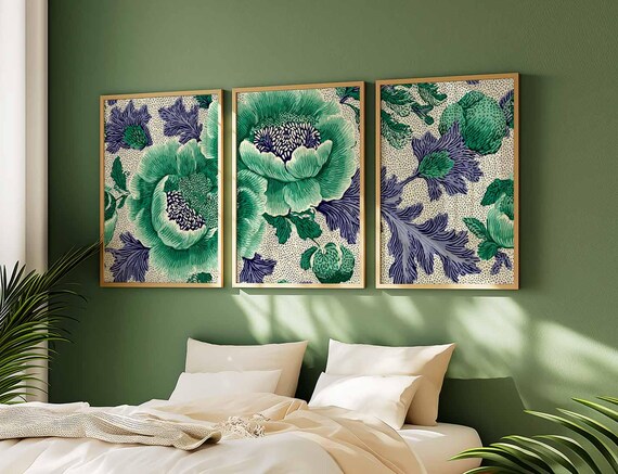 日本の植物ウォールアート3点セット、ティールとインディゴの花柄