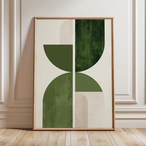 Póster abstracto geométrico verde, lámina decorativa minimalista moderna para pared, obra de arte con bloques de color inspirada en mediados de siglo, decoración contemporánea para el hogar