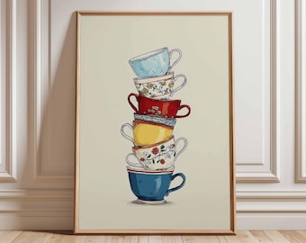 Colorful Teacup Stack Illustration, Vintage Kitchen Art Print