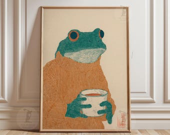 Teal Frog With Coffee Poster Print | Mustard Sweater Illustration Art | Cozy Wall Decor