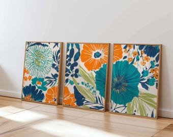 Vibrant Floral Wall Art Set of 3, Modern Botanical Prints in Teal Orange and Blue, Colorful Flower Posters for Living Room or Bedroom Decor