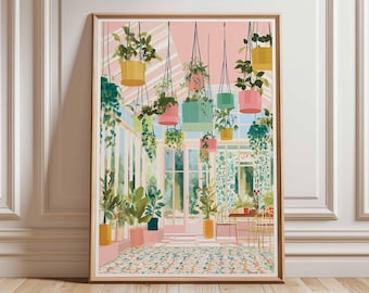 Lámina con estampado de plantas de invernadero, jardín botánico, póster de plantas colgantes coloridas