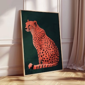 Minimalist Cheetah Art Print, Emerald Green Poster, Safari Animal Poster, Modern Jungle Cat Illustration, Big Cat Wall Art, Wildlife Decor