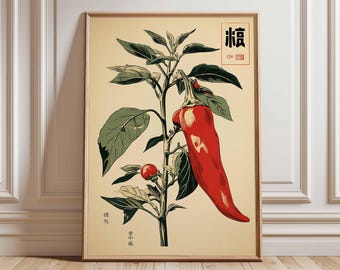 Botanische print chilipeper, illustratie Japanse groente, keukendecor