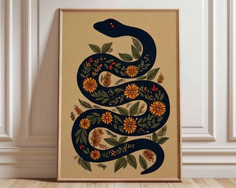 Floral Snake Wall Art Print, Dark Mystical Serpent Poster