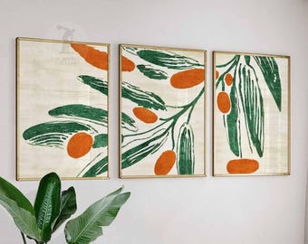 Olive Branch Wall Art Print Set, Green & Orange Botanical Decor
