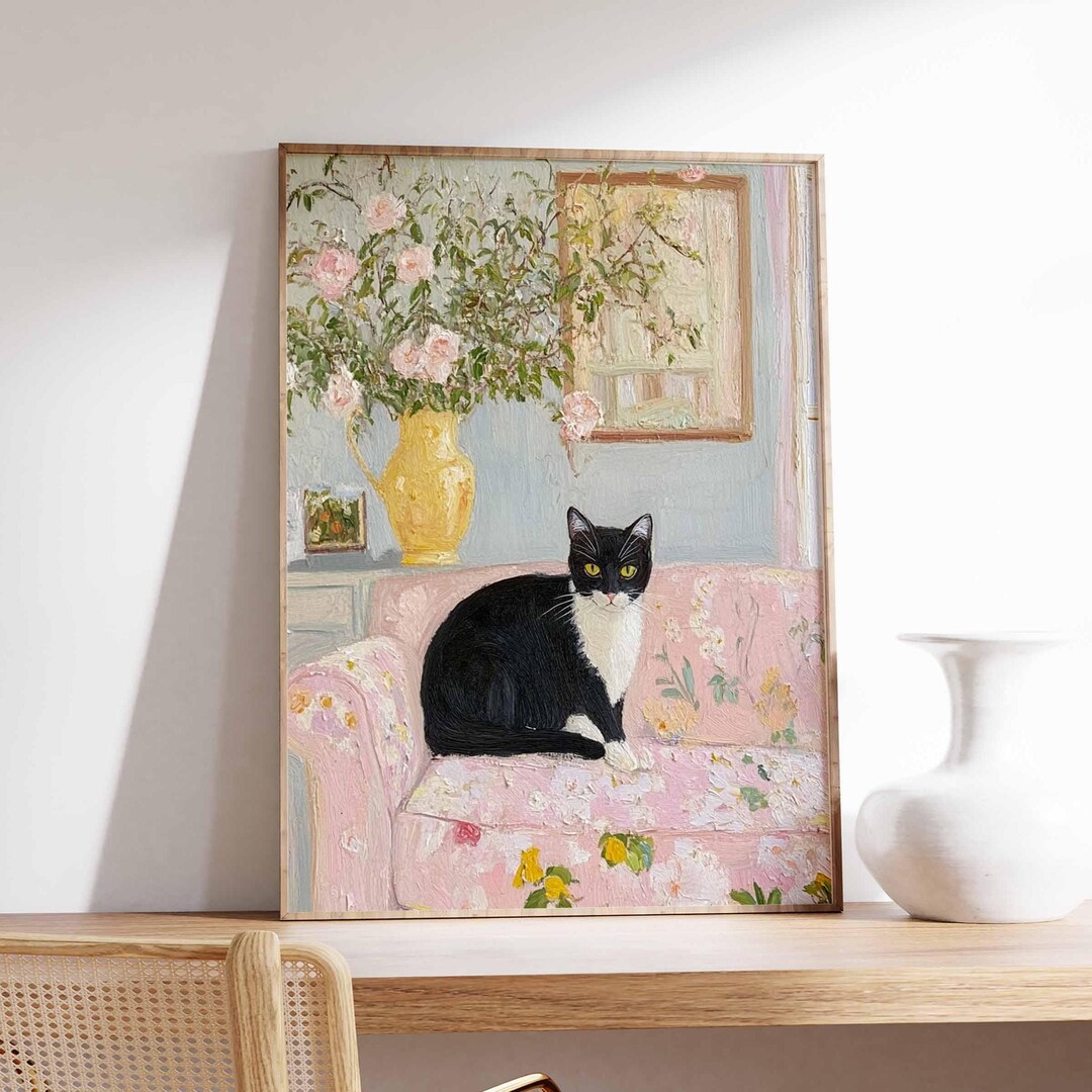 Black and White Cat Wall Art Print, Vintage Style Poster, Cozy Home ...