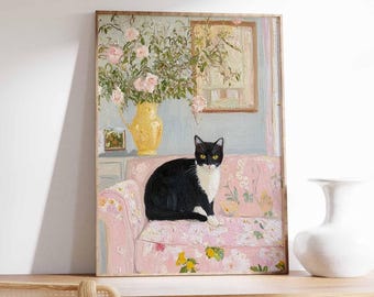 Lámina decorativa vintage de gato para pared, blanco y negro, póster floral para sofá