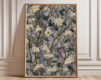 Art Nouveau Floral Print, Vintage Botanical Poster, Purple Cream Decor