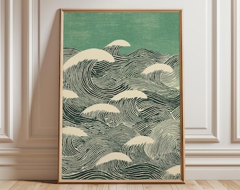 May include: Framed art print featuring a stylized depiction of ocean waves. The artwork uses a palette of dark teal and cream, with a teal background. The waves are rendered with curved lines, creating a sense of movement and texture. The frame is a light brown color.