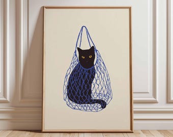 Svart katt i blått nät konsttryck, minimalistisk kattälskare dekor