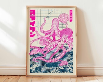 Retro japońska ośmiornica, wydruk artystyczny, wystrój azjatycki