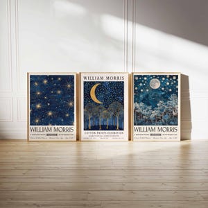 Op de afbeelding: Drie ingelijste posters met een blauw en gouden sterrenhemelontwerp. De posters tonen de tekst "William Morris" en "Cotton Prints Exhibition".