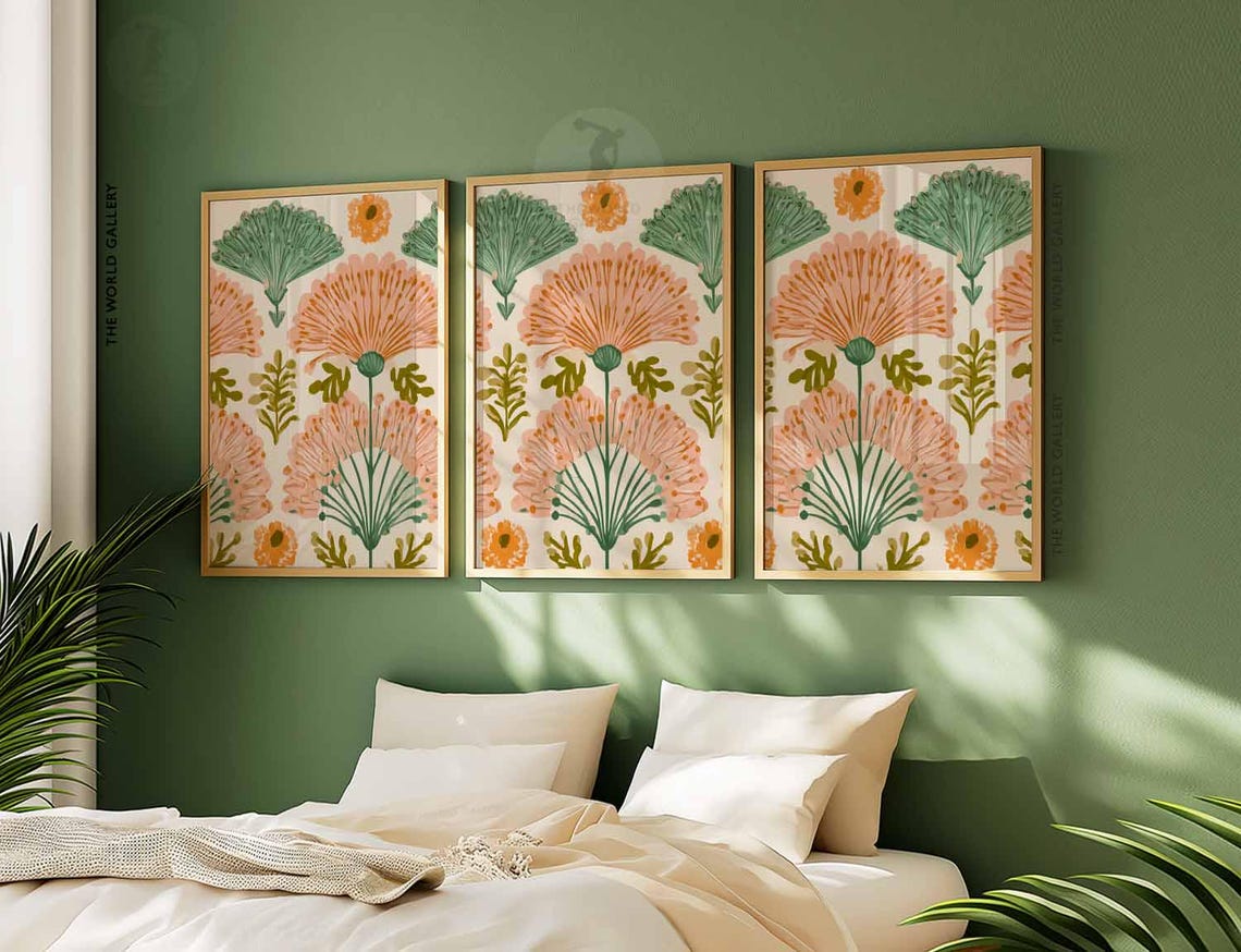 Boho Floral Print Set, Pink Mustard Botanical Wall Art Trio - Etsy