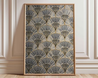 May include: A framed art print featuring a repeating fan-shaped pattern. The design incorporates black, gold, and off-white colors. The artwork is displayed in a light brown wooden frame, adding a touch of elegance to the overall aesthetic.