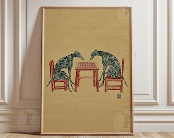 Greyhound And Whippet Poster Print | Checkers Table Illustration | Minimalist Vintage Animal Artwork