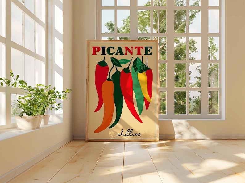 May include: A framed art print featuring a colorful illustration of chili peppers. The word "PICANTE" is at the top in red and green letters, with the word "chillies" at the bottom. The peppers are red, orange, green, and yellow.