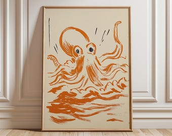 Japanese Octopus Art Print | Minimalist Marine Wall Art | Vintage Ukiyo-e Style Sea Creature Poster | Coastal Home Decor