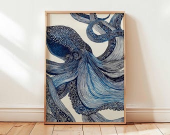 Lámina artística de pulpo, decoración náutica costera