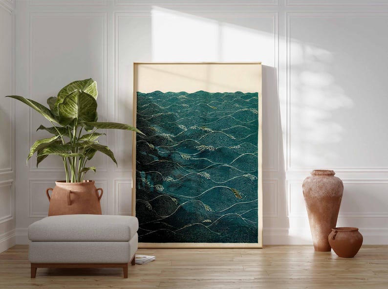 Japanese Ocean Wave Print, Minimalist Sea Wall Art, Zen Japandi Poster, Tranquil Water Artwork, Oriental Home Decor, Modern Calm Design