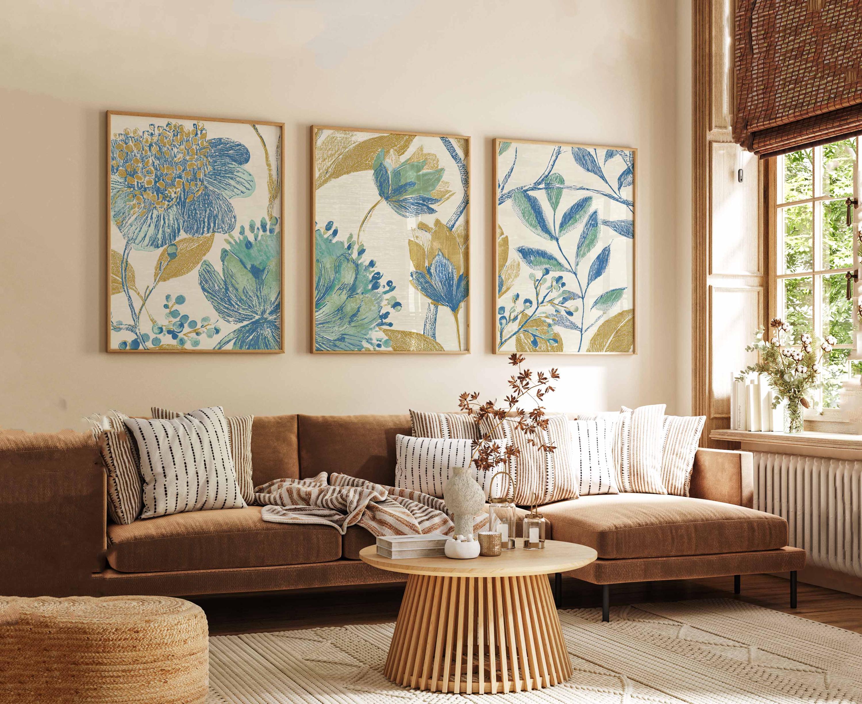 Blue and Gold Floral Prints, Botanical Wall Art Set of 3 - Etsy