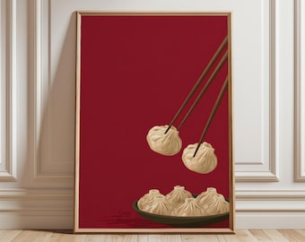 Dumpling Art Print, Minimalist Chinese Cuisine Poster, Red Kitchen Decor