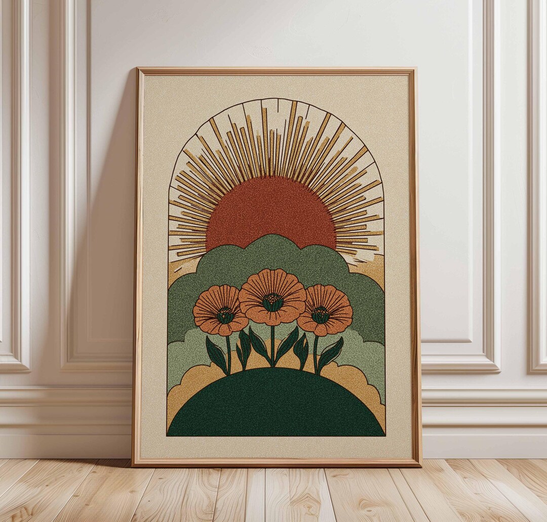Retro Floral Art Print, 70s Psychedelic Sun, Boho Decor - Etsy