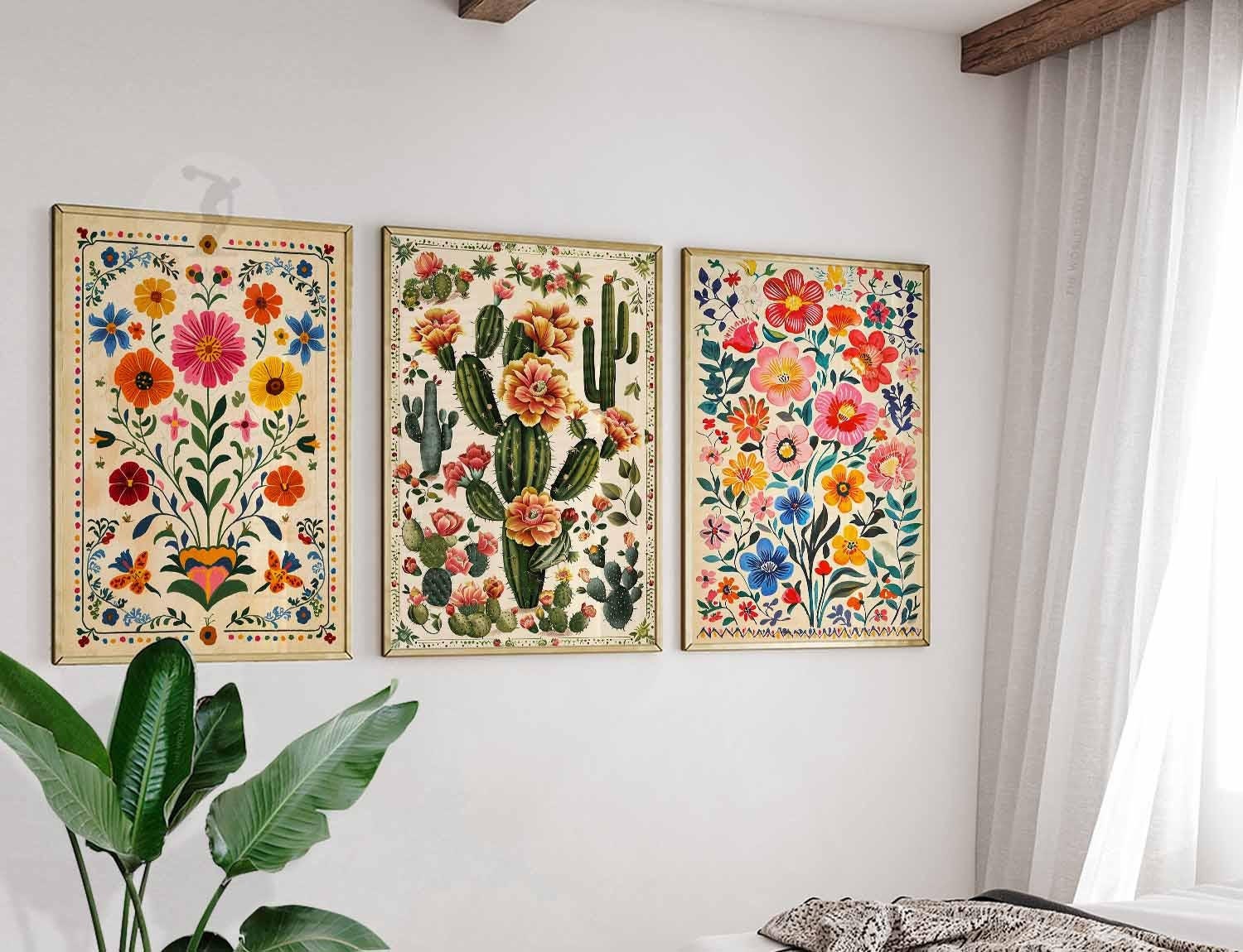Vintage Set of 3 Mexican Posters, Mexican Prints, Mexican Decor, Traditional Latin Decor, Floral Print, Botanical Wall Art, Tropical Print