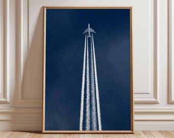 Affiche d'avion, oeuvre d'art murale aviation, impression d'avion moderne, décoration de voyage, cadeau de pilote, oeuvre d'art minimaliste bleu ciel jet