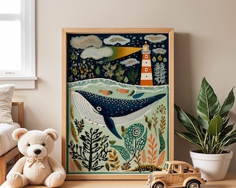 Whale In The Sea Nursery Poster | Ocean Wall Art for Kids Room | Coastal Animal Print | Nursery Wall Art | Kids Bedroom or Playroom | Gift