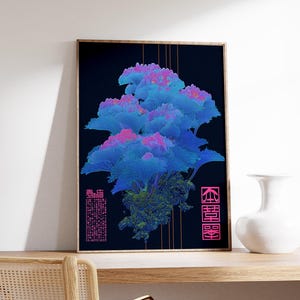 May include: A framed art print featuring a digital illustration of a stylized plant with blue and pink hues against a dark background. The artwork includes vertical lines and Asian-inspired text in pink.