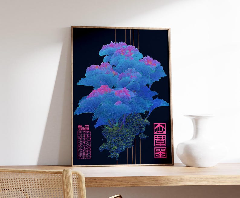 May include: A framed art print featuring a digital illustration of a stylized plant with blue and pink hues against a dark background. The artwork includes vertical lines and Asian-inspired text in pink.