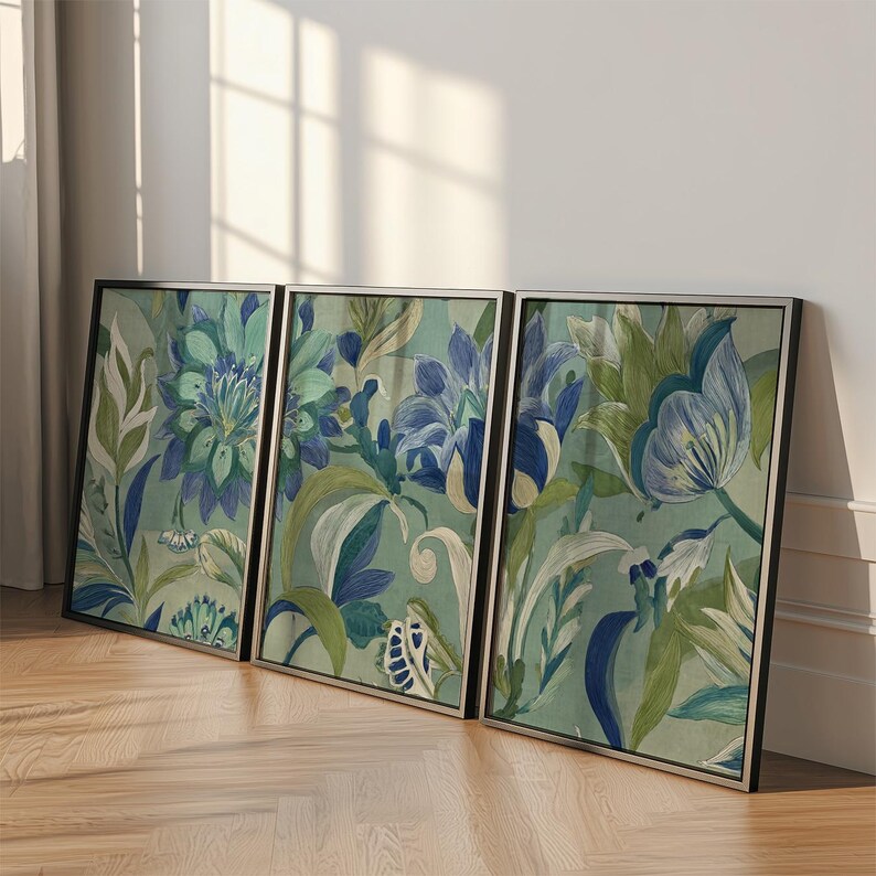 Blue Green Botanical Wall Art Posters Set of 3 | Floral Nature Prints ...
