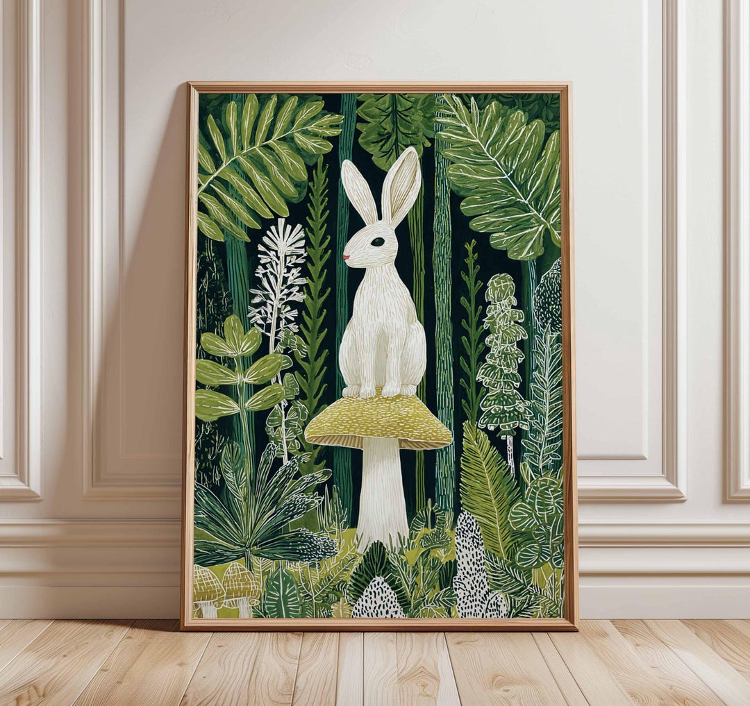 White Rabbit Art Print, Whimsical Woodland Poster, Mushroom Forest ...