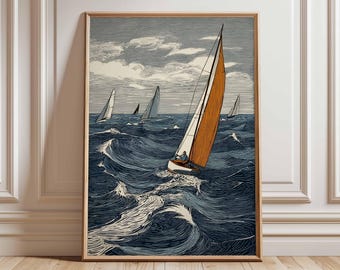 Arte mural de vela / Póster náutico / Impresión oceánica vintage / Ilustración de regata de veleros / Decoración costera / Ilustración marítima