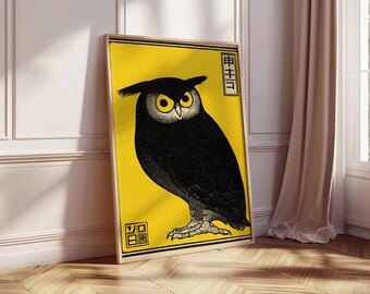 Japanese Owl Art Print, Vintage Graphic Poster, Minimalist Black