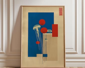 Pôster japonês de água-viva, estilo xilogravura moderno em azul e vermelho.