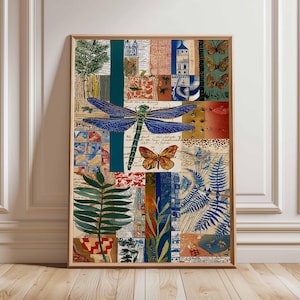 Boho Libellen Collage Poster, abstrakte botanische Wand Kunst Druck, bunte Natur Kunstwerk, moderne Boho Dekor, lebendige Insekt Kunst