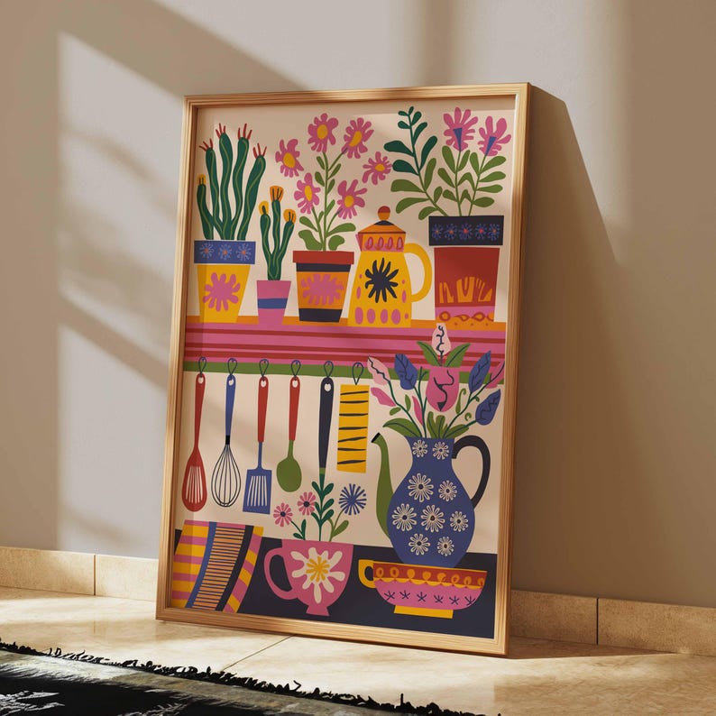 kitchen print - art for kitchen -colourful kitchen... Colorful Kitchen Wall Art, Kitchen Decor, Floral Poster, Boho ...
