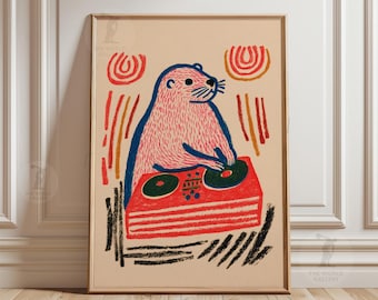May include: A framed art print featuring a pink otter DJing on a red turntable. The otter is outlined in blue, with a light beige background and colorful abstract shapes. The World Gallery logo is in the bottom right corner.