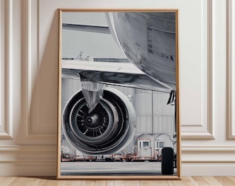 Fotografía impresa de un motor a reacción, arte mural de aviación moderna.