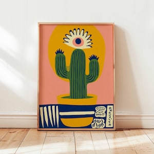 Mexikanisches Kaktus Poster mit japanischem Einfluss, Retro botanische Wandkunst Druck, buntes Wüstenpflanzendekor, moderne minimalistische Kaktuskunst