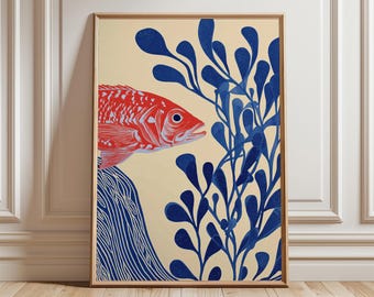 Lámina artística retro de peces y corales, decoración costera de mediados de siglo.
