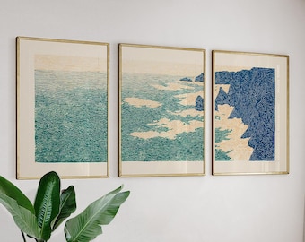 Ocean Coastline Posters Set Of 3, Japanese Ink Prints