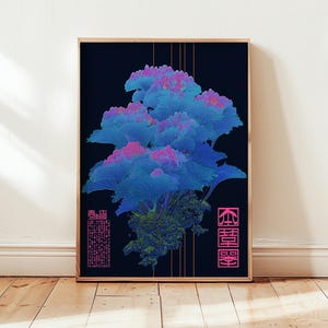 May include: Framed art print featuring a stylized, abstract botanical design. The artwork showcases a vibrant blue and pink plant against a dark background. The print includes Japanese text in pink and is displayed in a wooden frame.