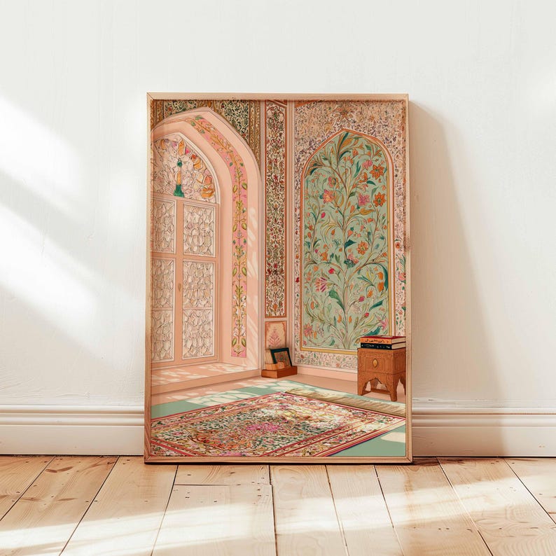 May include: A framed print showing an ornate interior. The image features a room with a large arched window and floral wall panels. A colourful rug and small wooden table with books are also visible. The colour scheme includes soft pinks, greens, and earth tones.
