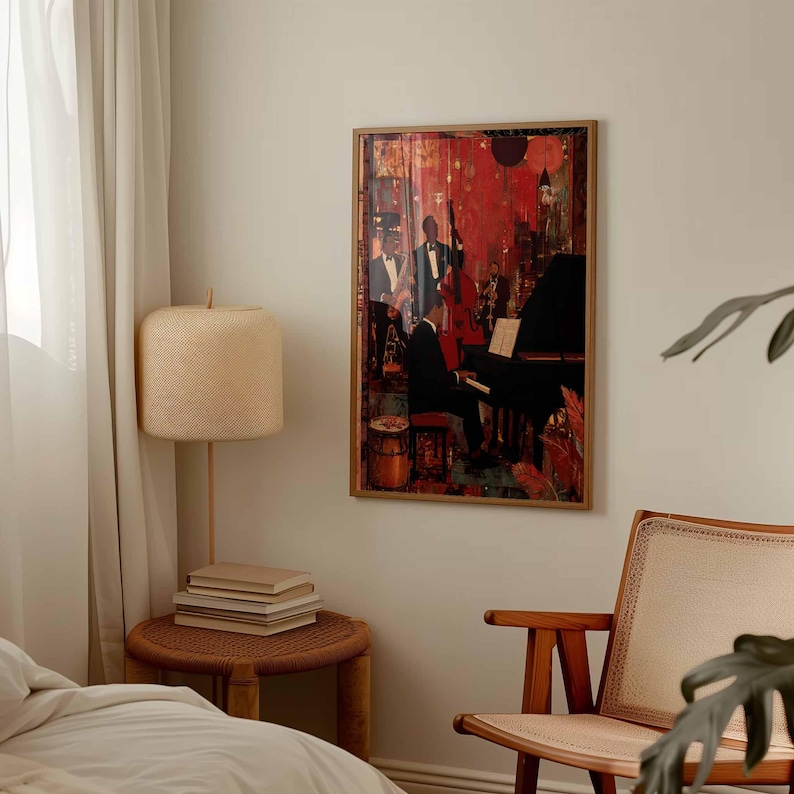 May include: A framed artwork depicting a jazz band performing in a dimly lit room. The painting features musicians playing a piano, double bass, and other instruments. The color palette includes red, black, and brown tones, creating a vintage aesthetic.