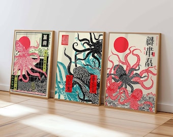 Japanese Octopus Art Print Set of 3 | Retro Ukiyo-e Wall Decor